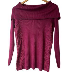 Roz & Ali Burgundy wide fold neck Ribbed Knit Sweater w/ Lace Detail - Petite M